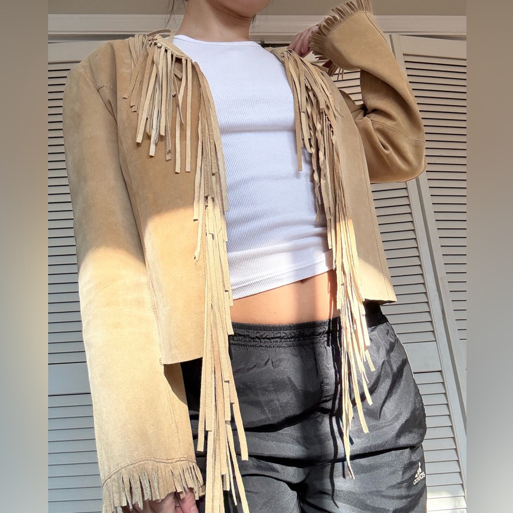 Tan leather fringe jacket
